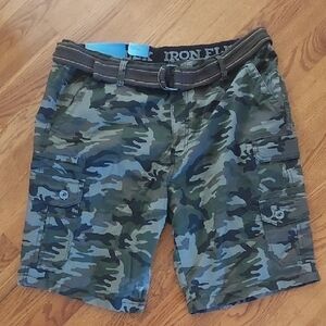 NEW IRON CO SZ 36 Flex Waist D Ring Belted Twill Cargo Shorts Green Camo